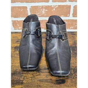 Merona Women Black Leather Square Toe Block Heel Buckle Mule Shoe Sz 11 B